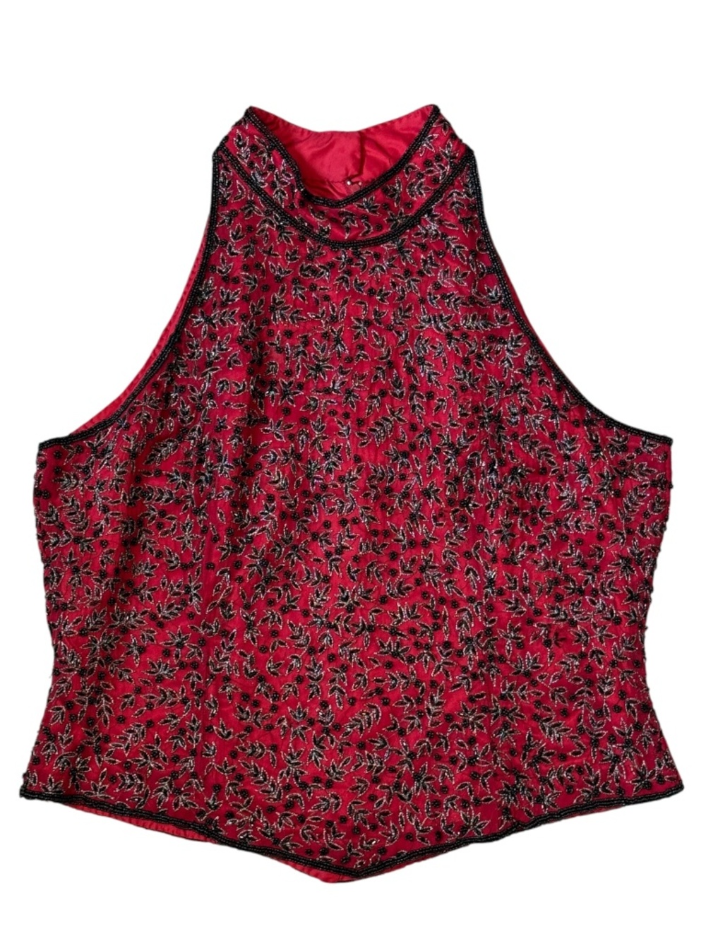 Vintage Papell Boutique top mock neck halter beaded evening red black 100% silk